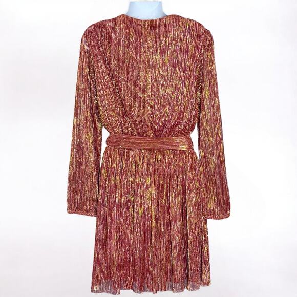 Dress Forum Gold Metallic Pleated Belted Mini Dress Size S Mauve NYE Holiday NWT - Picture 9 of 14